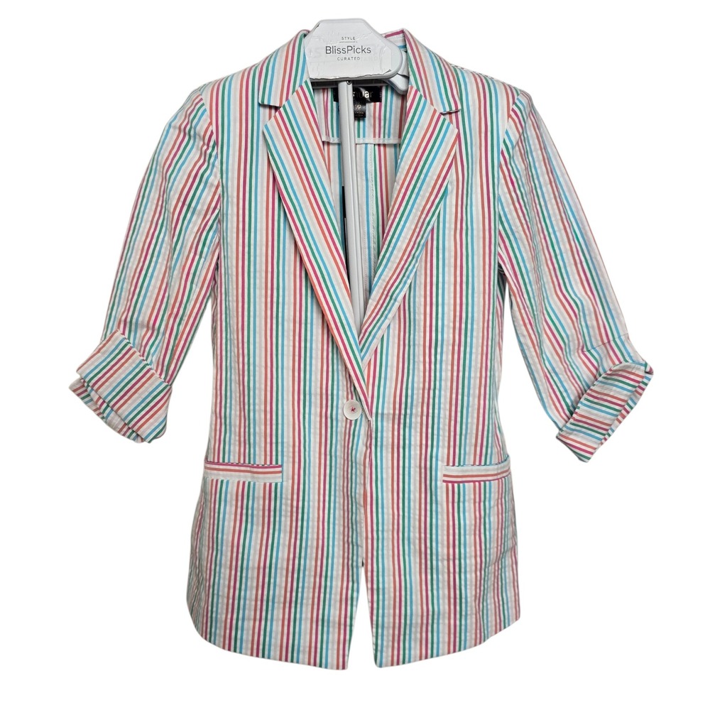 NWT Renuar Rainbow Stripe Blazer S Colorful Seersucker 3/4 Sleeve Resort